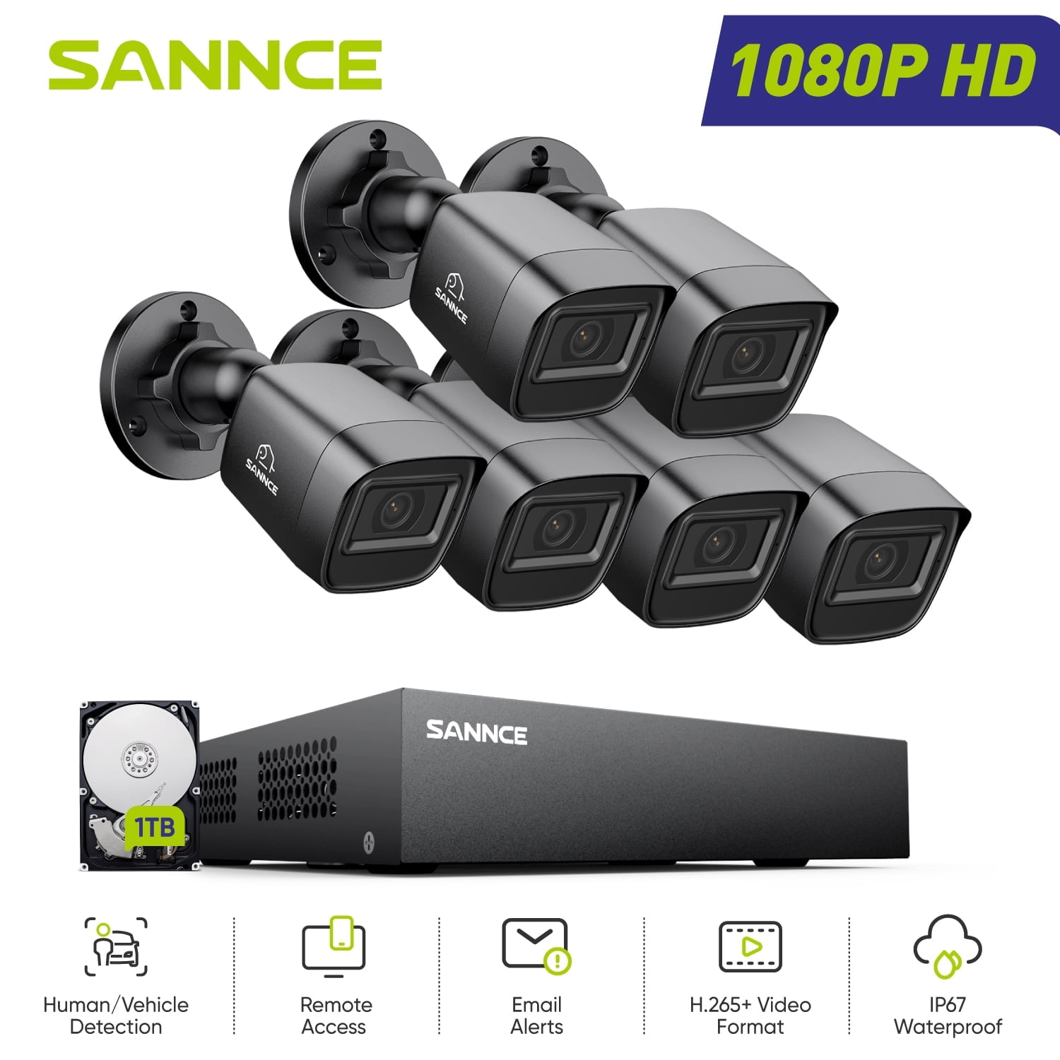 SANNCE 8 Channel 1080P DVR Security System, 6pcs 2MP Cameras, Motion Detection, Remote Access, 1TB HDD