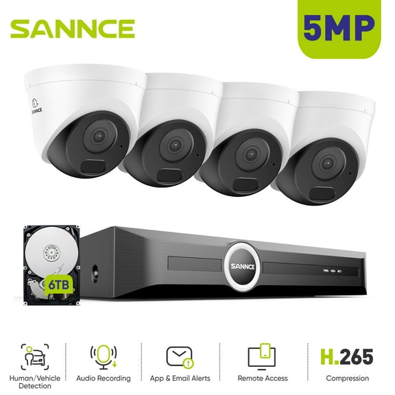 SANNCE 6MP PoE Security Camera System,8CH 6MP Surveillance NVR with 4PCS 5MP HD Weatherproof Dome Cameras with H.265 Video Compression,APP Push Alert, Remote Access (6TB HDD)