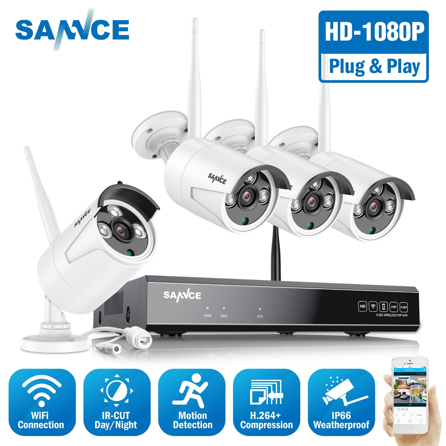 SANNCE 8CH 1080P WIFI CCTV System HDMI NVR 4PCS 2.0 MP IR Outdoor P2P Home Wireless IP Camera Security System Surveillance Kit NO Hard Drive Disk