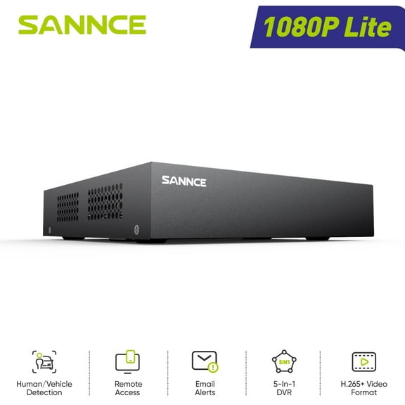SANNCE 8-Channel 1080P Wired DVR Recorder, Human Detection, CCTV Support 5-in-1 CVBS/AHD/TVI/CVI/IP, No Hard Drive Included