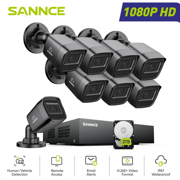 SANNCE 8CH 1080p Security Camera System 5-in-1 CCTV DVR Recorder with 2 TB HDD and 8Pcs Outdoor/Indoor Waterproof Wired Surveillance Bullet Cameras with 100ft Night Vision, Motion Alert