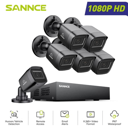 SANNCE 8CH 1080p Security Camera System, 5-in-1 DVR, 6 Waterproof Cameras, Night Vision, Motion Alert, Remote Access