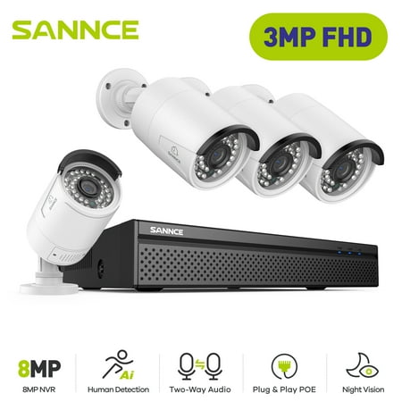 SANNCE 8CH 4K PoE CCTV NVR System with 4 * 3MP Outdoor Security IP Camera, Audio Recording, Metal Casing, P2P, Motion Alert and Screenshot, NO HDD