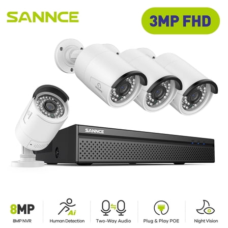 SANNCE H.265+ POE Security Camera System, 8CH 4K POE NVR and 4X 3MP Outdoor Metal IP Bullet Cam, Motion Alert, Humanoid, Infrared, Audio Input, NO HDD, 100ft Night Vision, Surveillance System Kit