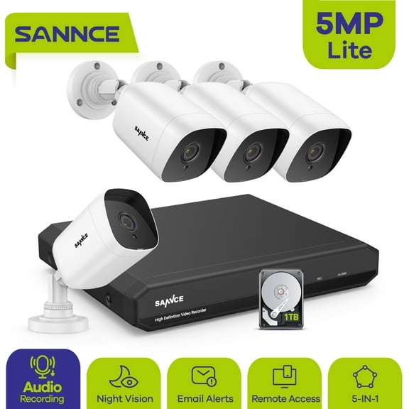 SANNCE 8CH 5MP-N HD DVR Home Security Camera System 4pcs 5MP AI Human Detection IP66 Outdoor Cameras Surveillance CCTV Kit with 1T Hard Drive