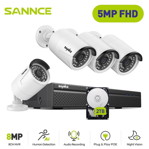 SANNCE 8CH 5MP POE CCTV Home Security Camera System, 8CH POE 4K NVR Recorder and 4X 5MP POE Outdoor IP Bullet Cam Resolution, H.265+, 36 Led Lights, 3.6mm Lents, with Audio Input, 2TB Hard Drive
