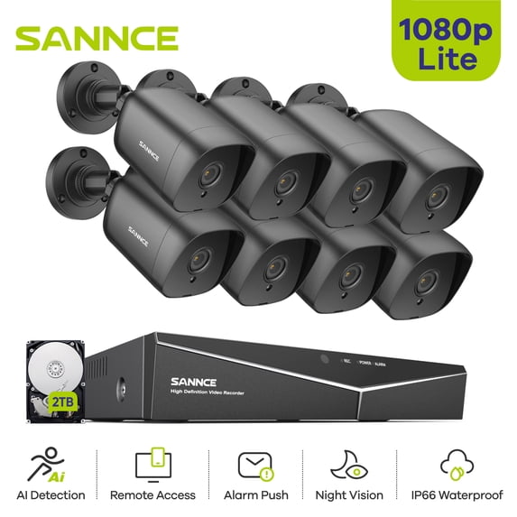 SANNCE 8CH DVR CCTV System 8PCS 2MP IP66 Waterproof Outdoor Security Bullet Cameras 1080P HDMI TVI CCTV DVR Surveillance Kit Black with 2T HDD