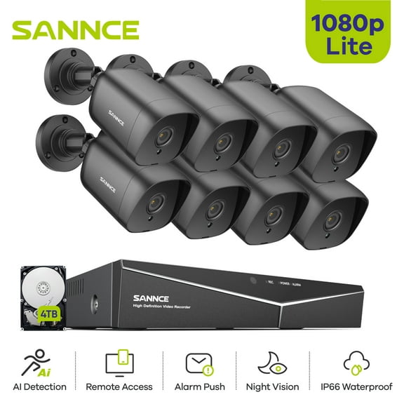 SANNCE 8CH DVR CCTV System 8PCS 2MP IP66 Waterproof Outdoor Security Bullet Cameras 1080P HDMI TVI CCTV DVR Surveillance Kit Black with 4T HDD