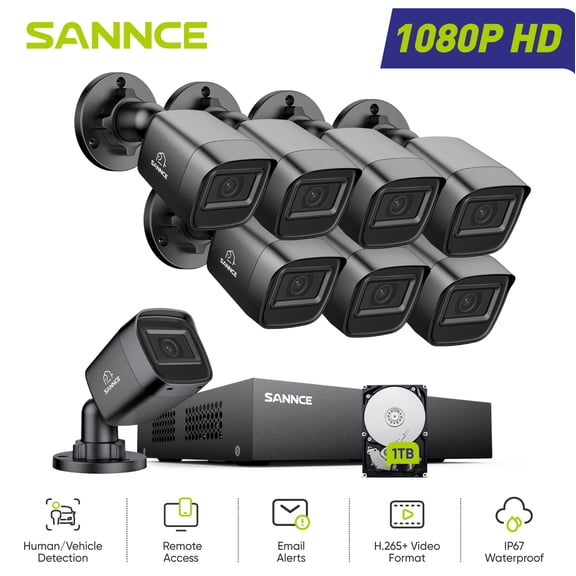 SANNCE 8CH H.265 1080P Wired Security Camera System With Person Vehicle Detection,8Pcs 2MP CCTV IP67 Cameras With 66ft IR Night Vision,,1TB Hard Drive