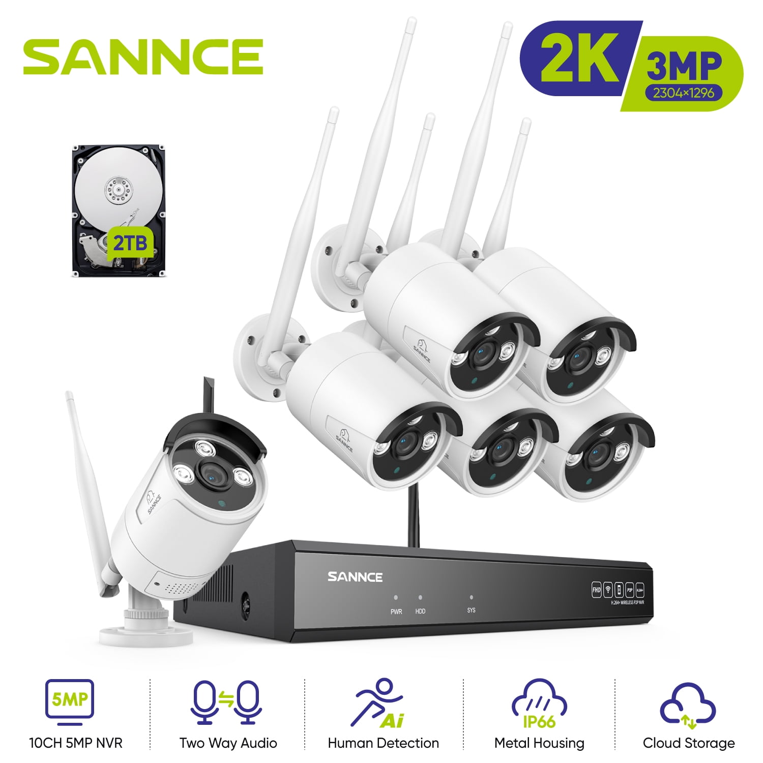 SANNCE 3MP Wireless Wi-Fi Security Camera System, 8CH 5MP NVR and 6Pcs 3MP Outdoor WiFi Cameras, 100ft Night Vision  Motion Alert AI Human Detection Waterproof Work with Alexa, 2TB HDD