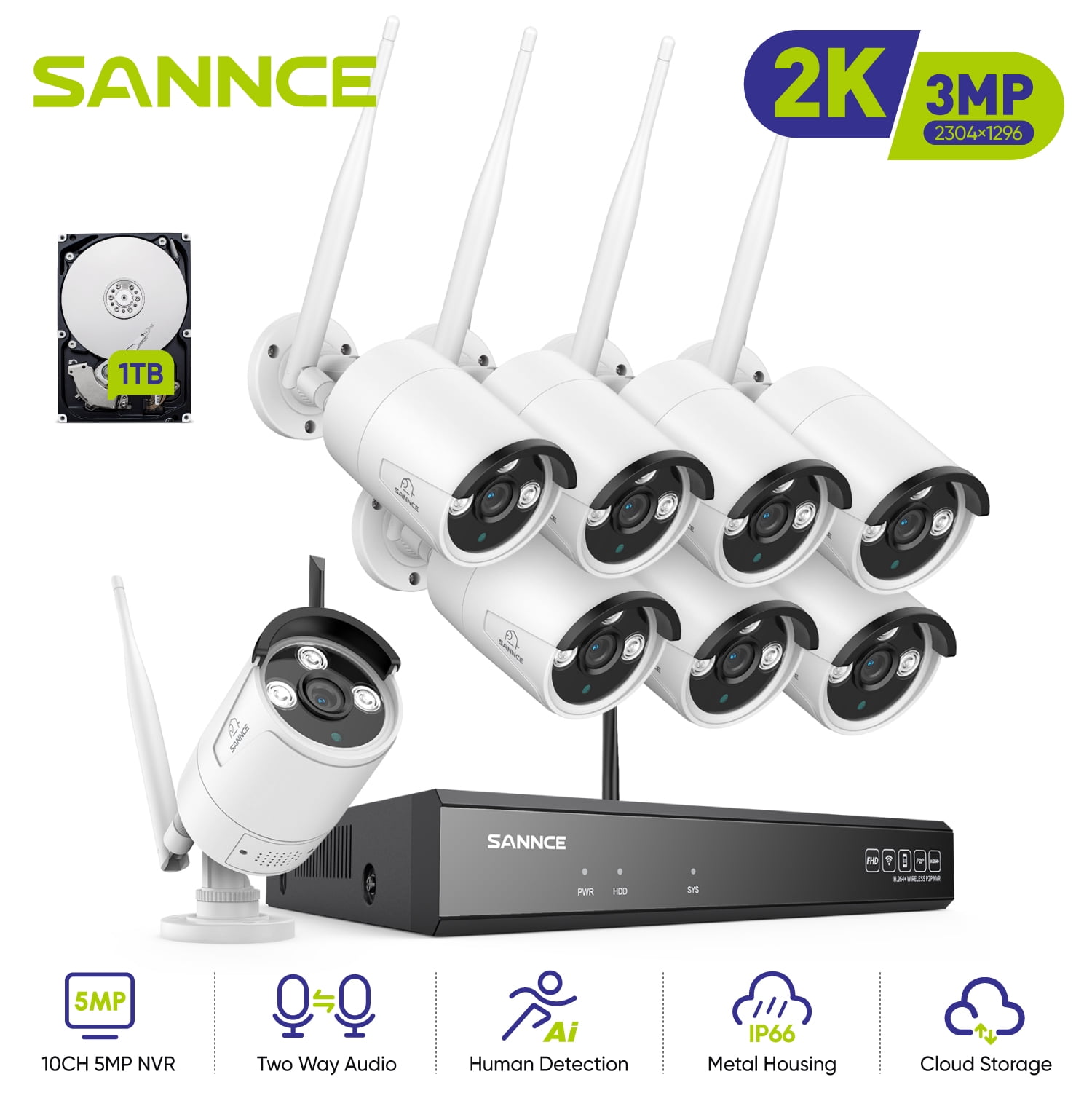 SANNCE 8CH Wireless NVR CCTV System 8PCS 3MP IP Camera WIFI Audio Recording IR Night Vison CCTV Home Security Camera Surveillance Kit with 1T Hard Drive Disk