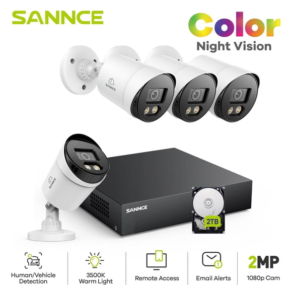 SANNCE CCTV Security Camera System 2MP 100ft Colour Night Vision, 8CH Digital Video Recorder DVR, HDD 2TB, 4PCS Surveillance Bullet Cameras Outdoor IP66, Motion Detection, Easy DIY, Security Kit