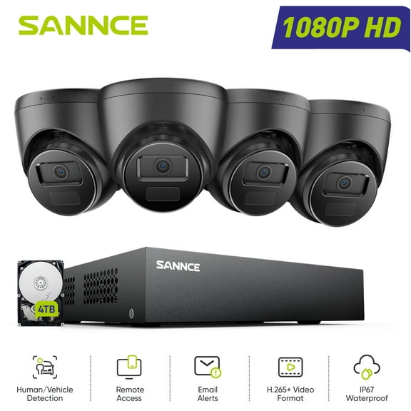 SANNCE CCTV Security Camera System 1080P, 8 Channel Digital Video Recorder 5-IN-1 DVR 4TB HDD, 4PCS 2MP Surveillance Bullet Cameras Outdoor, Motion Detection, 100 ft Night Vision, Easy Remote Access