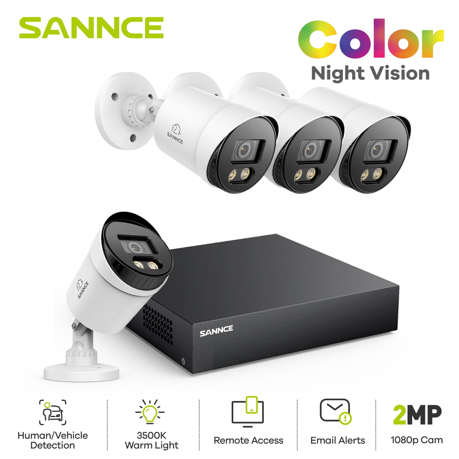SANNCE CCTV Security Camera System 1080P Colour Night Vision, 8CH 5-IN-1 Digital Video Recorder DVR with Hard Drive 0TB, 4PCS Surveillance Bullet Cameras Outdoor IP66, Motion Detection, Easy DIY