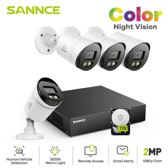 SANNCE CCTV Security Camera System 1080P Colour Night Vision, 8CH 5-IN-1 Digital Video Recorder DVR with Hard Drive 1TB, 4PCS Surveillance Bullet Cameras Outdoor IP66, Motion Detection, Easy DIY