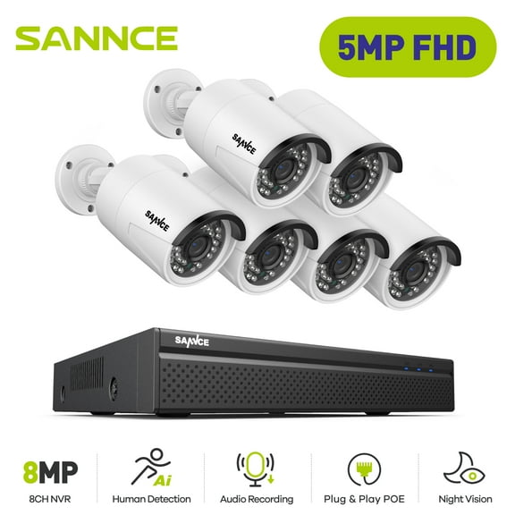 SANNCE Camera System For Home Security,4K 8CH NVR Recorder and 4Pcs 5MP Security Camera Outdoor,Power Over Ethernet,Easy Mobile Access with APP Alert,0TB
