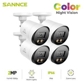 SANNCE Full Color Night Vision Security Bullet Camera, 4pcs 1080P TVI Wired CCTV Surveillance Camera for Home, Indoor Outdoor Use, Built-in 3500K Smart Warm Spotlight LED, 4 Cameras with Adapter & Ca