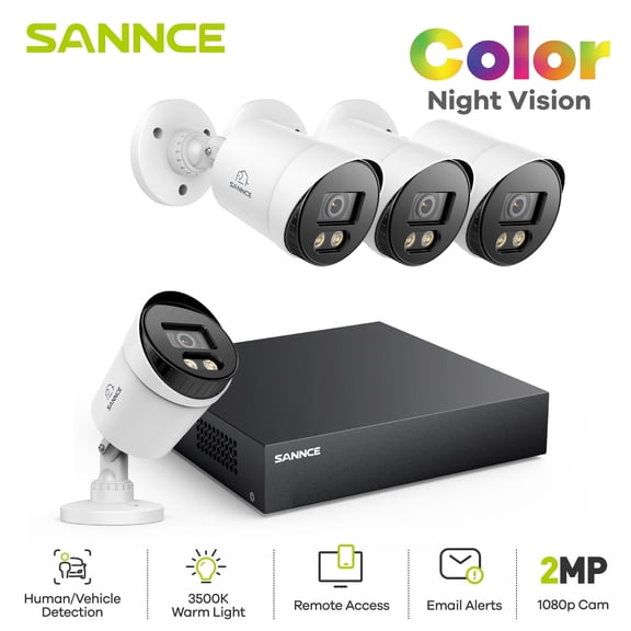 SANNCE H.265+ 1080P CCTV Home Security Camera System, 8CH 5-IN-1 Lite 1080P DVR NO HDD, 4PCS Surveillance Bullet Cameras Outdoor IP66, Motion Detection, Remote Access, 100FT Colour Night Vision