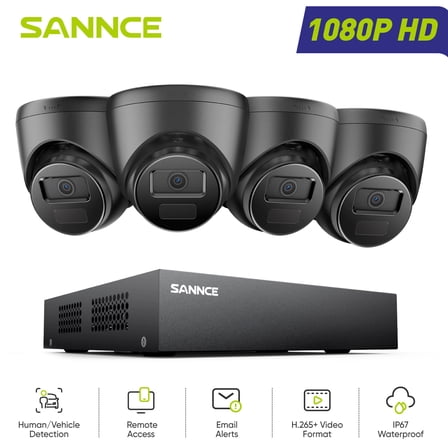 SANNCE 1080P CCTV Security Camera System, 5 in 1 DVR Hybrid Digital Video Recorder Compatible with 4 IP66 Outdoor Security Camera, 0TB HDD, 100ft Full Colour Night Vision, 12 Infrared LEDs