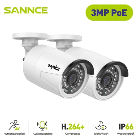 SANNCE POE CCTV Camera 3MP Home Outdoor 3.6mm Lens 36pcs IR-LED IP66 Weatherproof Metal Casing Camera 2 Pack, POE Security IP Camera 2-Way Audio Recording Outdoor Night Vision