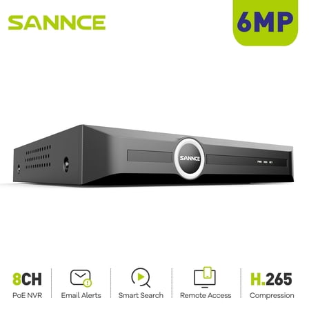 SANNCE PoE H.265+ NVR 6MP 8 CH, 6MP CCTV Security Camera System Network Video Recorder Supports 6MP 5MP 3MP 1080P HD PoE Surveillance IP Camera, AI Human/Vehicle Detection, No HDD, Remote Access