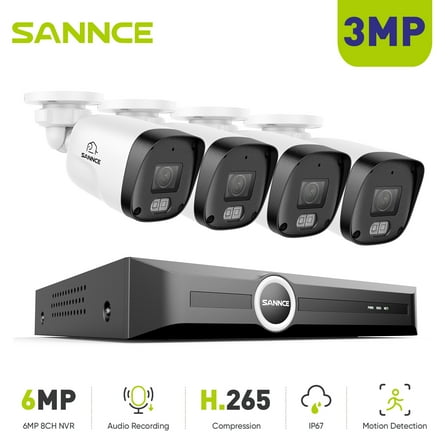 SANNCE PoE Surveillance Security Camera System, H.265+ 6MP 8CH NVR, 4X3MP Wired Bullet Security Cams, AI Human/Vehicle Detection, Built-in Mic, 100Ft Color Night Vision, IP67, 0TB HDD, Security Kit
