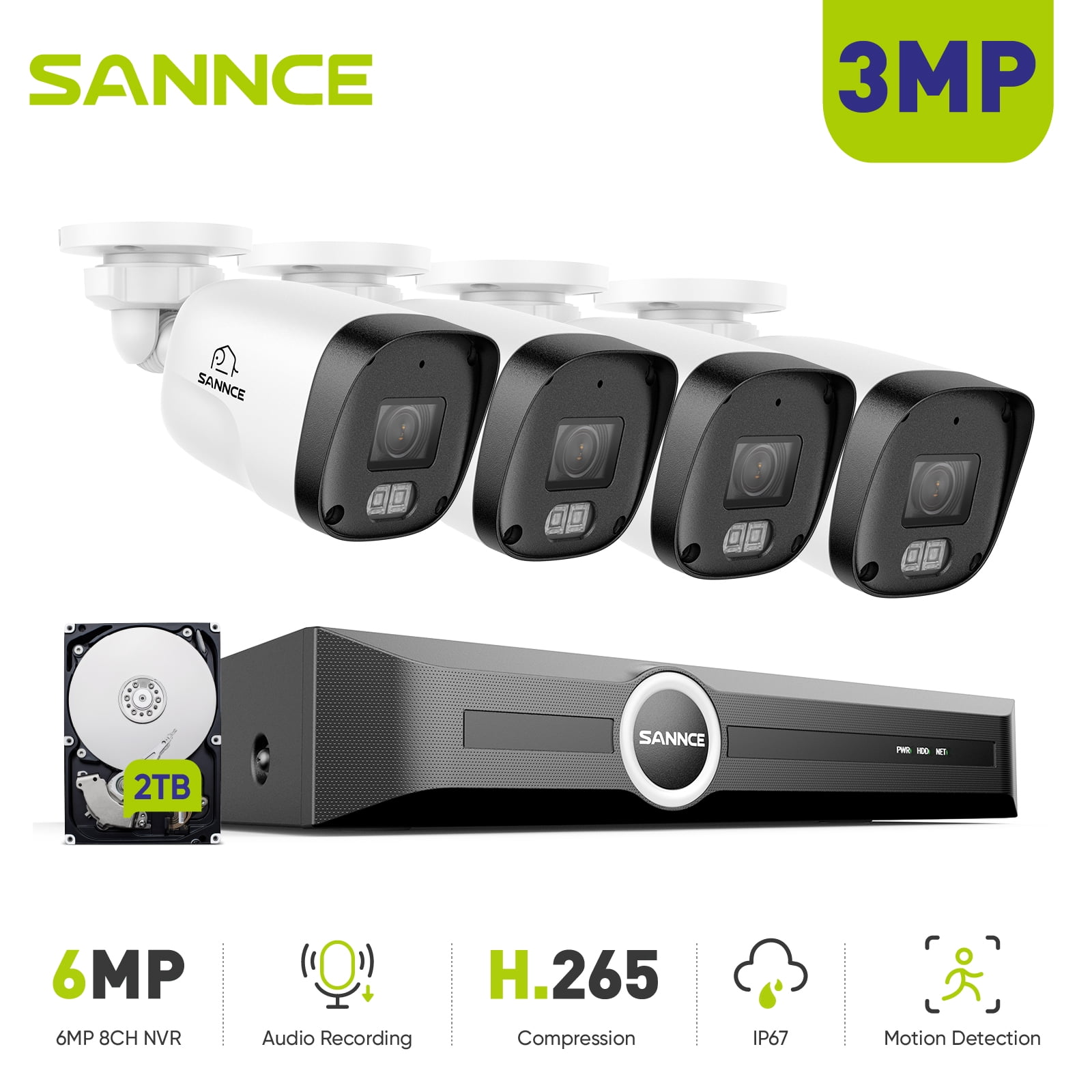 SANNCE PoE Surveillance Security Camera System, H.265+ 6MP 8CH NVR, 4X3MP Wired Bullet Security Cams, AI Human/Vehicle Detection, Built-in Mic, 100Ft Color Night Vision, IP67, 2TB HDD, Security Kit