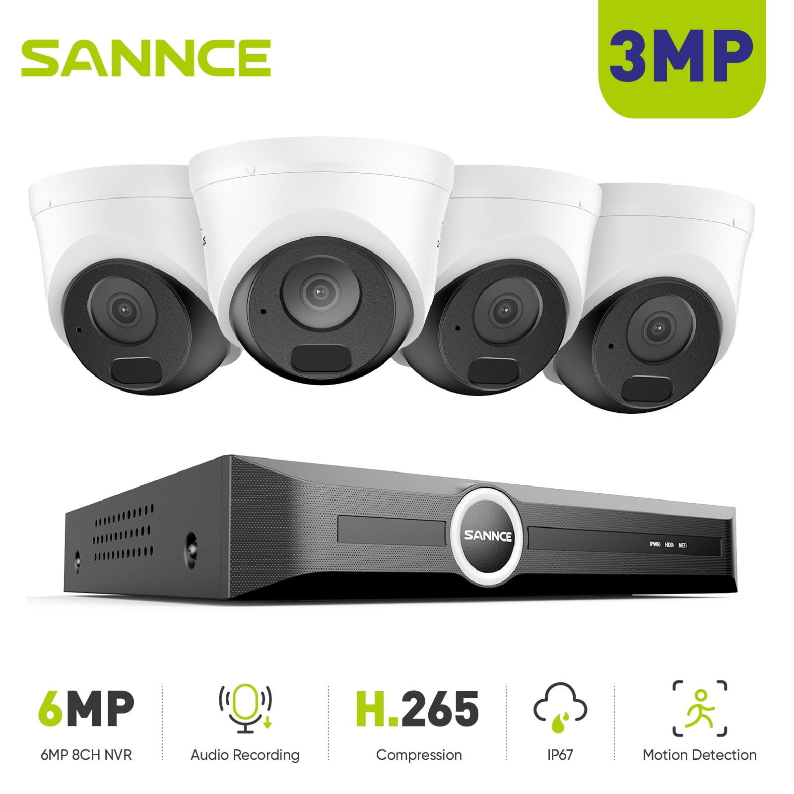 SANNCE PoE Surveillance Security Camera System, H.265+ 6MP 8CH NVR, 4X3MP Wired Conch Security IP Cams, AI Human/Vehicle Detection, Built-in Mic, 100Ft Color Night Vision, IP67, 0TB HDD, Security Kit