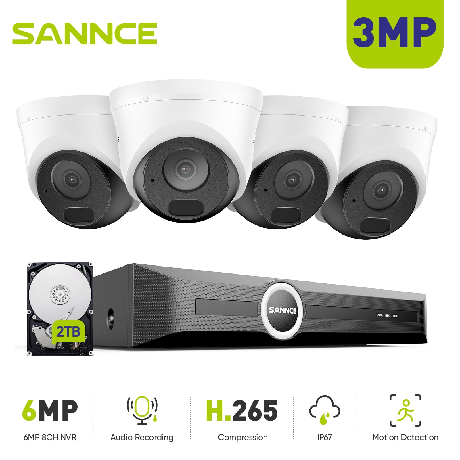 SANNCE PoE Surveillance Security Camera System, H.265+ 6MP 8CH NVR, 4X3MP Wired Conch Security IP Cams, AI Human/Vehicle Detection, Built-in Mic, 100Ft Color Night Vision, IP67, 2TB HDD, Security Kit