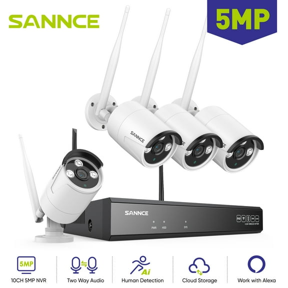 SANNCE 10CH 5MP Wireless NVR Security Camera System with 4Pcs 5MP Outdoor Indoor WiFi Cameras 100ft Night Vision H.264+ Motion Alert AI Human Detection Waterproof Work with Alexa, NO Hard Drive