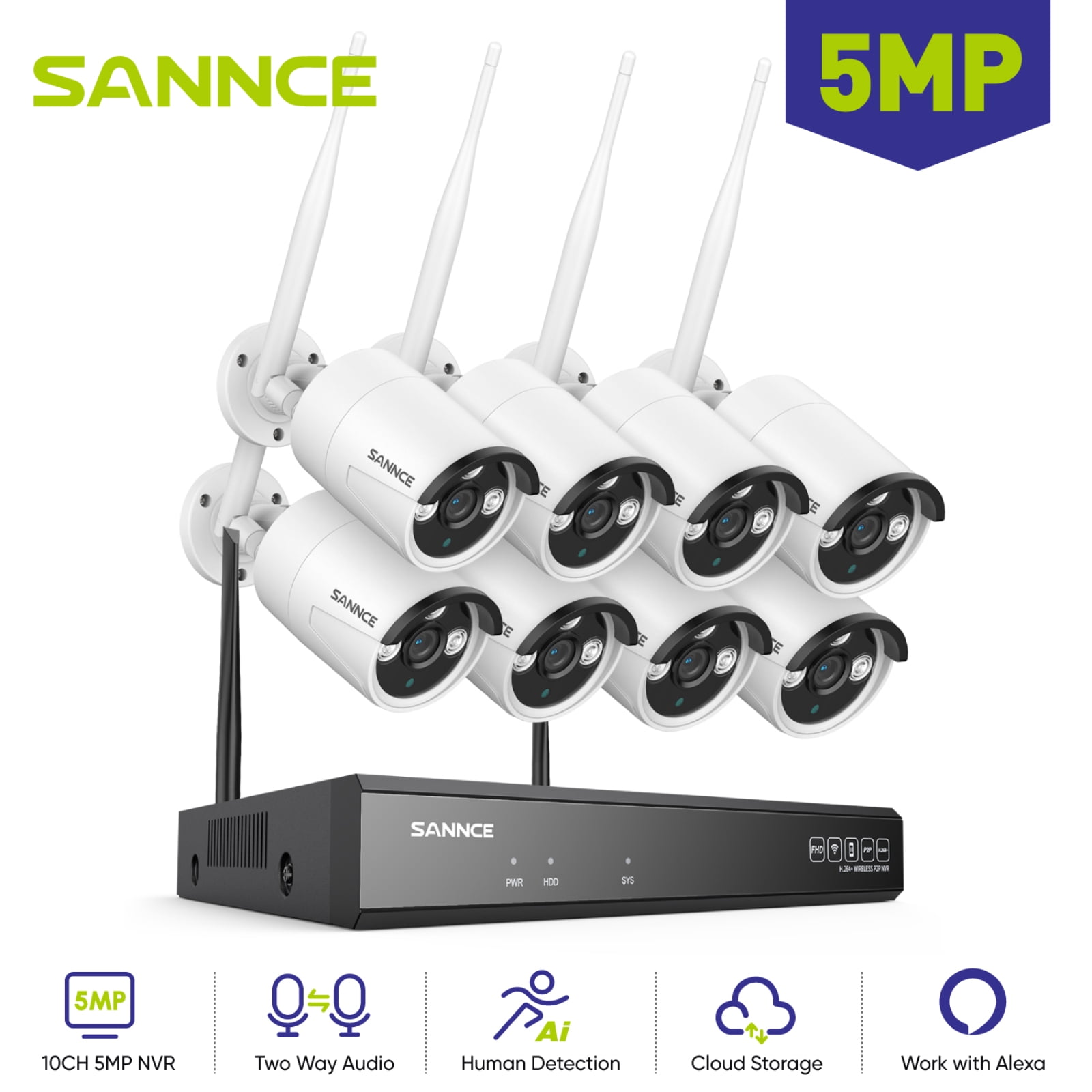 SANNCE Wireless Security Camera System, 10CH 5MP NVR with 8Pcs 5MP Outdoor WiFi IP Surveillance Cameras,Night Vision, Remote Access, Motion Alerts,Humanoid detection,NO Hard Drive