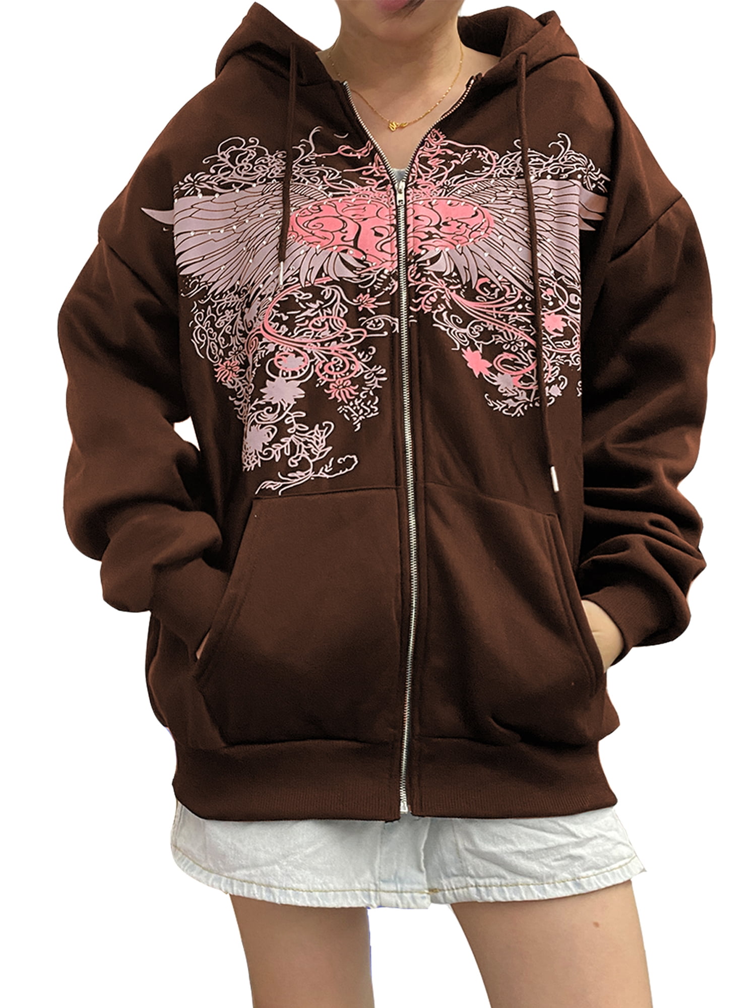 SANNEDONG Print Zip Up Hoodie Women Men Vintage Graphic Aesthetic