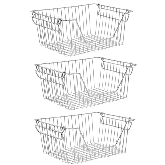 SANNO 14" Large Stackable Baskets Metal Wire Basket, Storage Organizer Bin Basket with Handles, Open Front for Kitchen Cabinets, Pantry, Closets, Bedrooms, Bathrooms - Large, 3 Pack