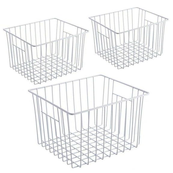 SANNO Deep Refrigerator Freezer Baskets, Large Household Wire Storage Basket Bins Organizer with Handles for Kitchen, Pantry, Freezer, Cabinet, Closets, Pearl White, Set of 3