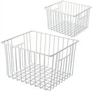 SANNO Deep Refrigerator Freezer Baskets, Large Household Wire Storage Basket Bins Organizer with Handles for Kitchen, Pantry, Freezer, Cabinet, Closets, Pearl White, Set of 2