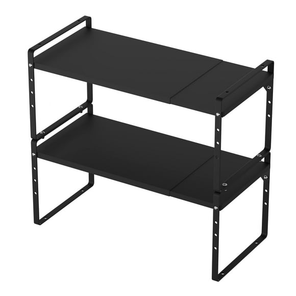 SANNO Expandable Counter Organizer, Stackable Cupboard Organizer Shelf Rack,Large Counter Shelf Organizer Cupboard, Cabinet Organization Shelf Black, 16" to 27"L x 8"W, 2 pack