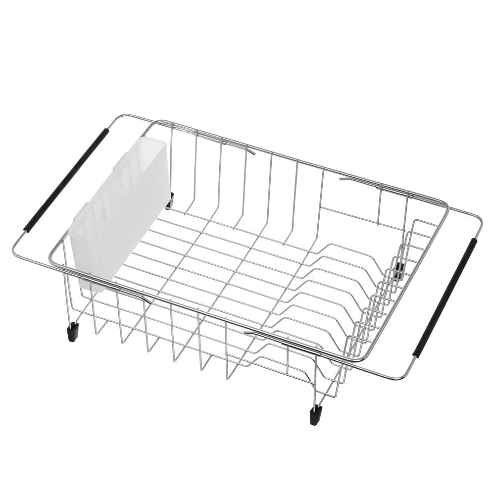 SANNO Expandable Dish Drying Rack Over Sink Large Dish Rack in Sink or On Counter , Dish Drainer Rustproof Stainless Steel with White Utensil Silverware Storage Holders