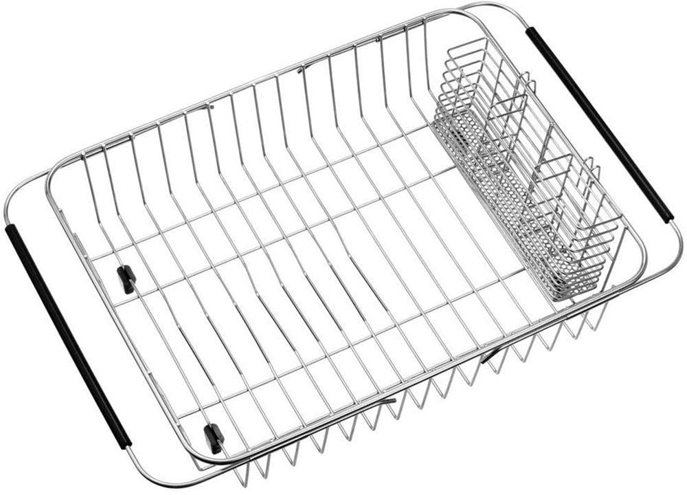 SANNO Expandable Dish Drying Rack Over Sink Dish Rack Shelf in Sink or On Countertop with Stainless Steel Utensil Holder Rustproof Stainless Steel C33