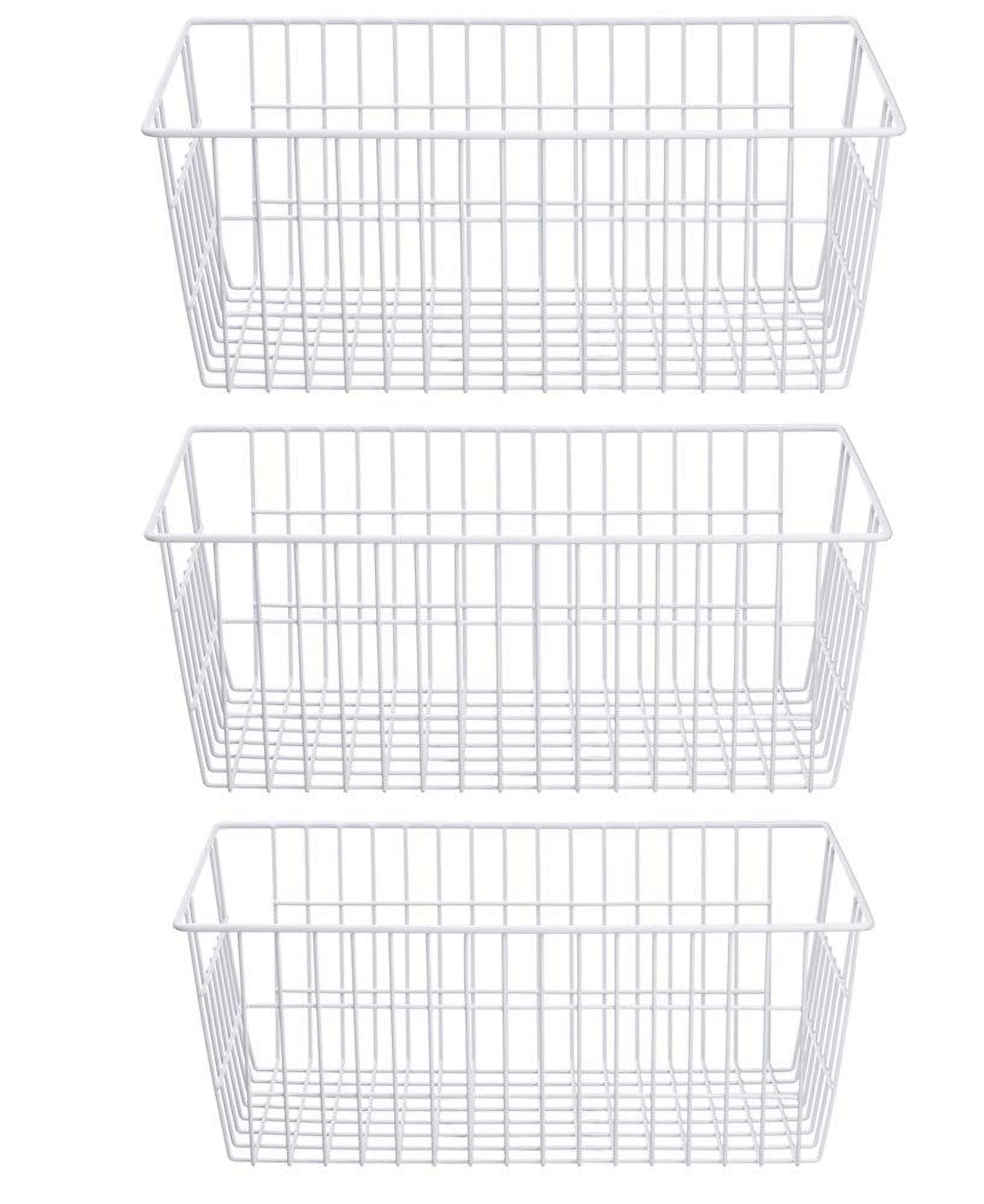 SANNO Freezer Baskets Farmhouse Organizer Wire Metal Storage Bins Large Organizer Durable Metal Basket Pantry Organizer for Kitchen Cabinets, Pantry, Freezer, Bathroom, Home-Set of 3-Platingk