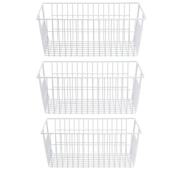 SANNO Freezer Baskets Farmhouse Organizer Wire Metal Storage Bins Large Organizer Durable Metal Basket Pantry Organizer for Kitchen Cabinets, Pantry, Freezer, Bathroom, Home-Set of 3-Platingk