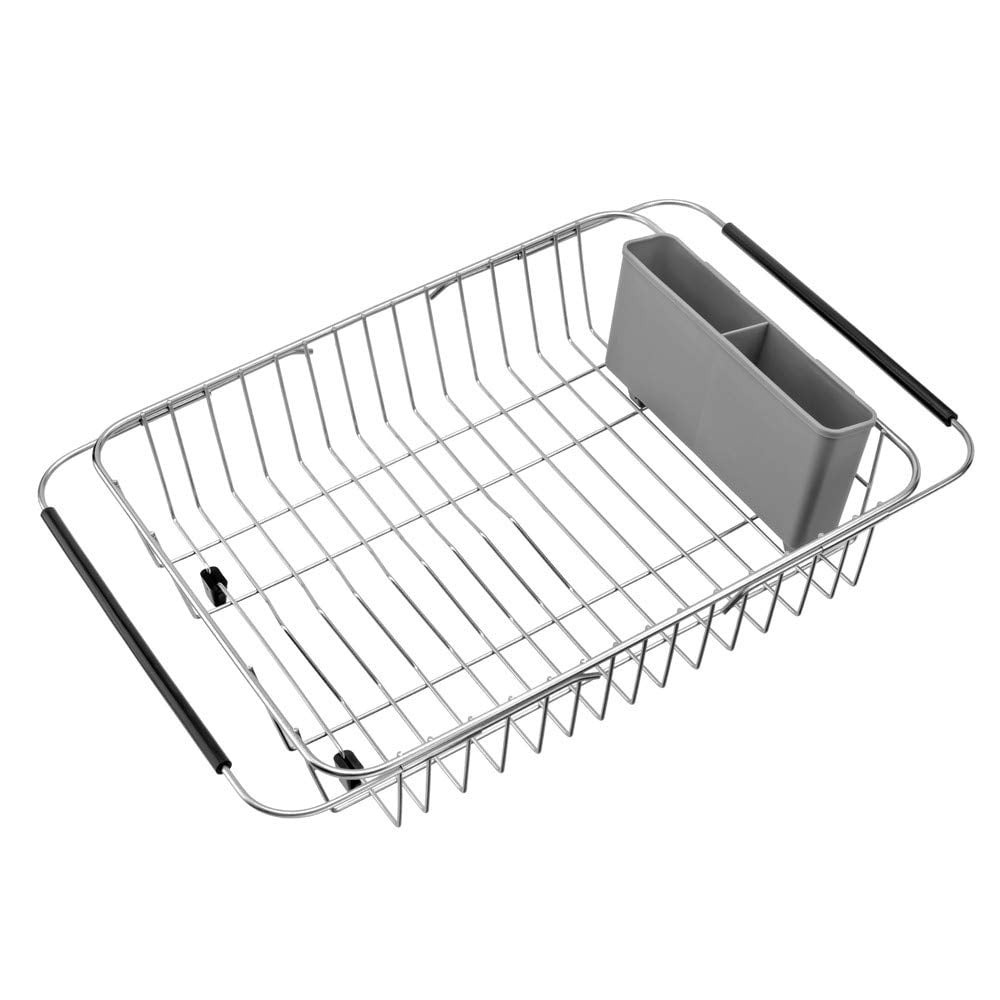 SwetLao Small Dish Drainer Rack in Sink Adjustable, 304 Stainless Steel Expandable Dish Drying Rack with Utensil Holder, Rustproof Dish