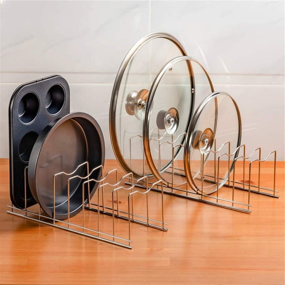 SANNO Pot Lid Organizer, Rack Holder Rest Storage, for Pot Lids, Plates, Cutting Boards, Bakeware, Cooling Rack, Serving Trays, Total 8 Compartments, Stainless Steel