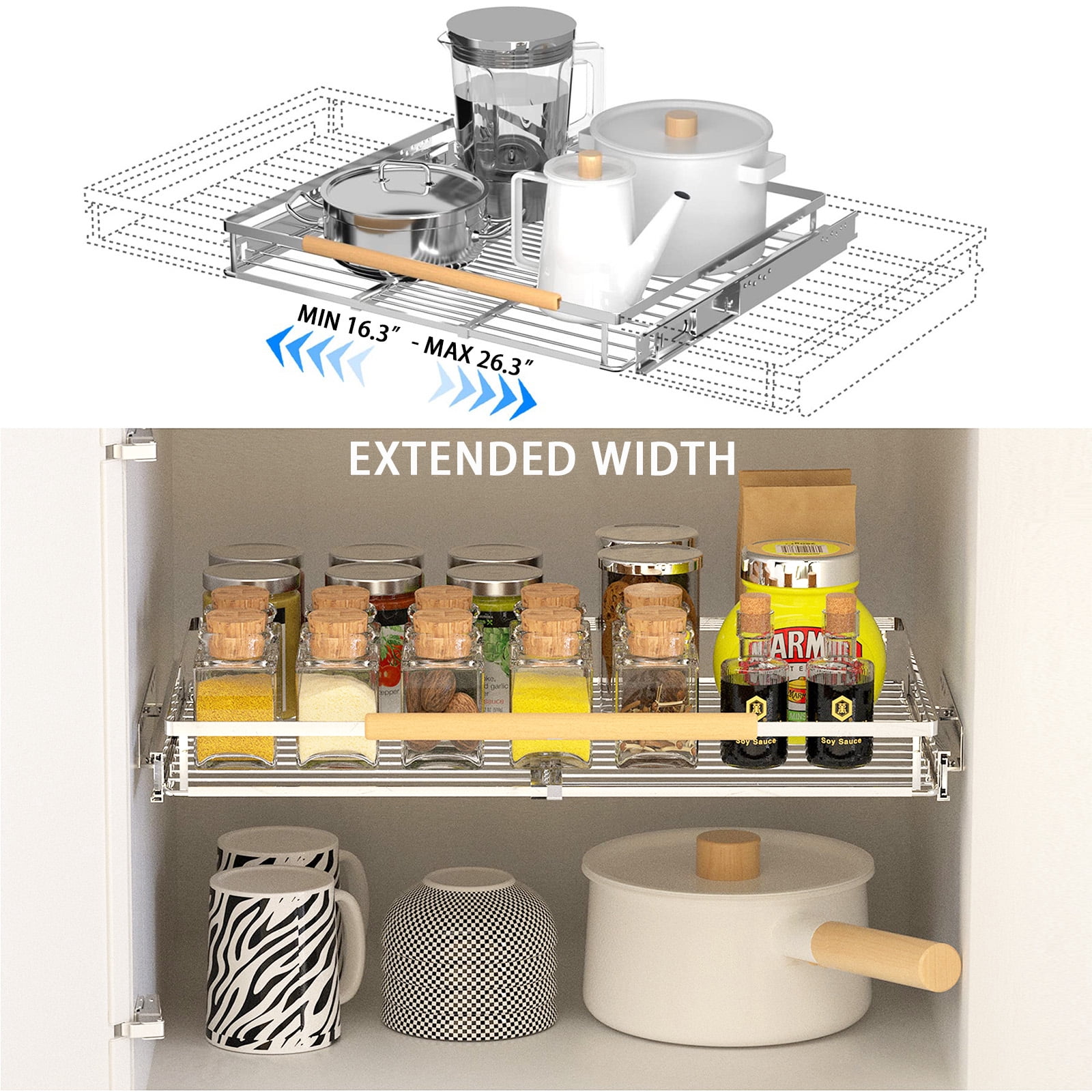 SANNO Pull Out Drawer Cabinet Organizer, Expandable Slide Out Storage Shelves - Heavy Duty, for Cabinets, Under Sink and Wardrobe, Opening Size Required 16.3"~26.3" 1 Pack