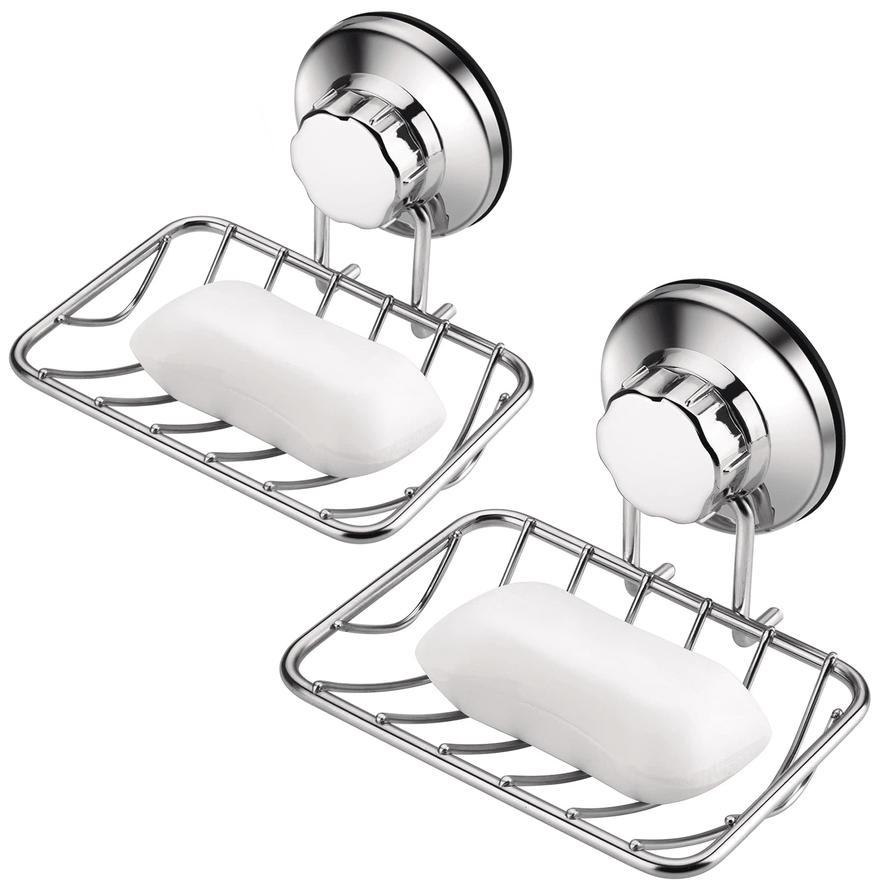 Hibibud SANNO Super Powerful Vacuum Suction Cup Shower Soap Dish - Strong Rustproof Stainless Steel Soap Saver Sponge Holder for Bathroom & Kitchen Sink, 2 Pack