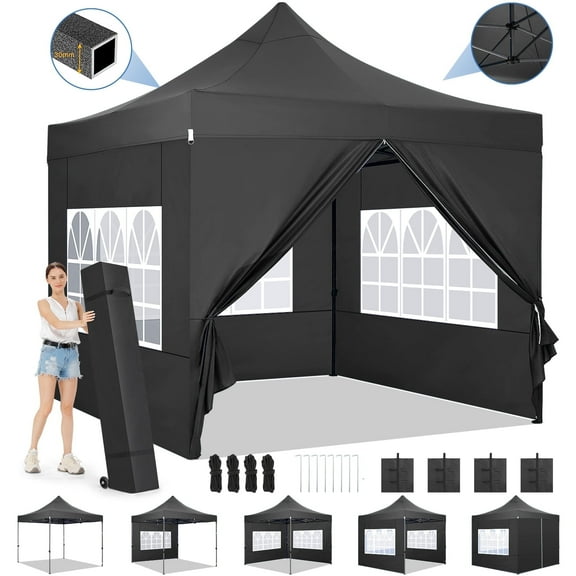 SANOPY 10' x 10' Outdoor Pop-Up Canopy, Heavy Duty Commercial Tent, Instant Folding Beach Party Gazebo with 4 Removable Sidewalls & 4 Sandbags & Rolling Bag for Easy Carrying (Black)