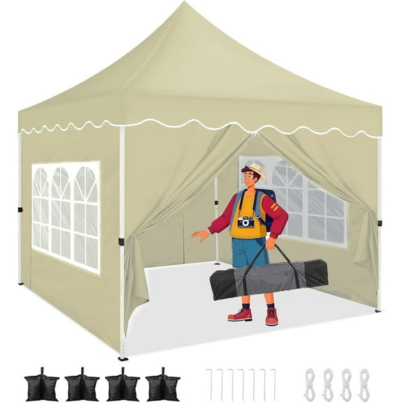 SANOPY 10' x 10' Pop up Canopy Party Tent with 4 Removable Sidewalls, Wave Eave Outdoor Waterproof Patio Gazebo Tent with Carry Bag, Backyards Camping Picnics, Khaki