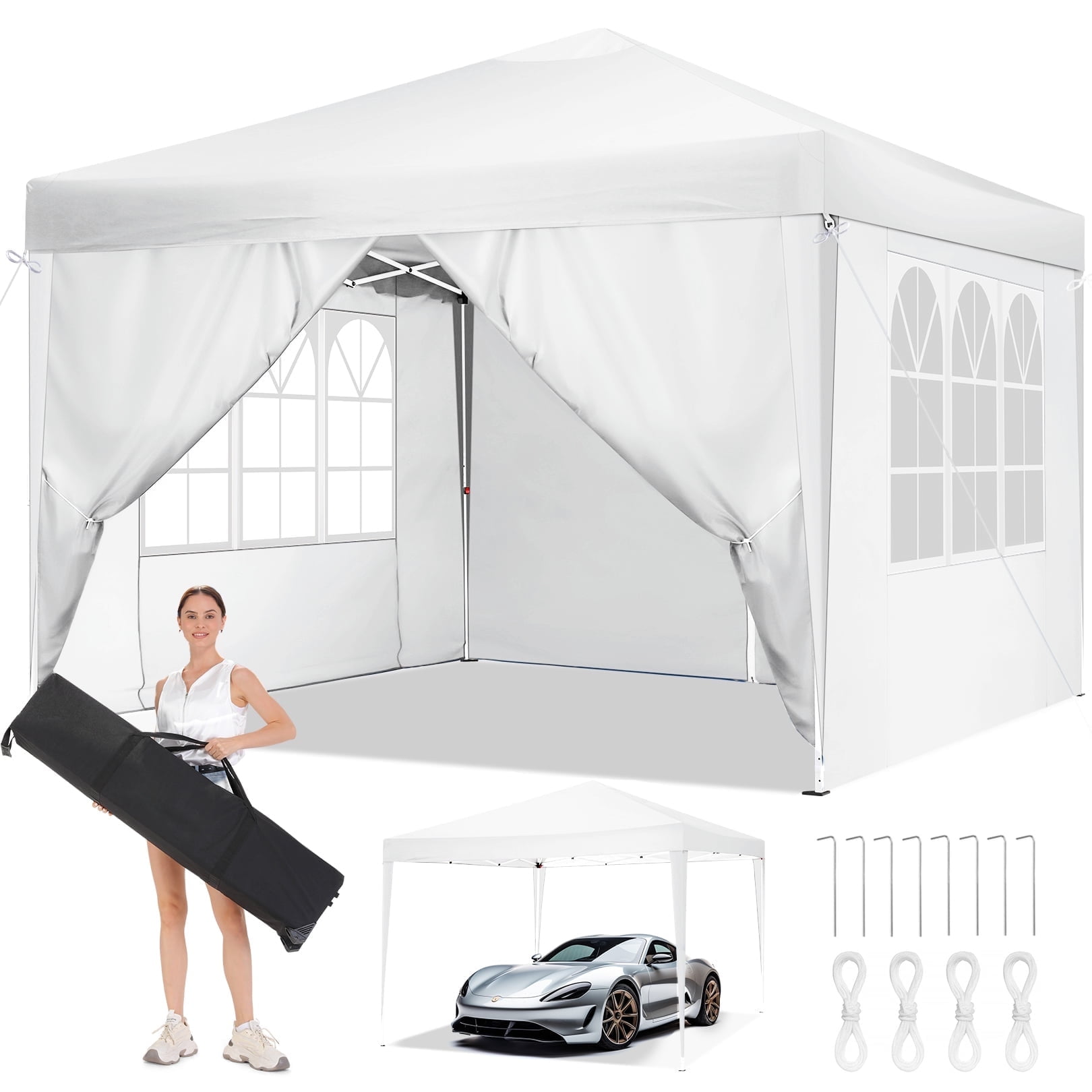 White 10x10 Alloy Steel Pop-Up Canopy Tent with Sidewalls