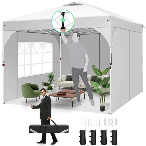 SANOPY 10'x10' Pop Up Canopy Tent for Party Tent with One Push Central Button&Air Vent Instant Canopy Tent with Sidewalls&Sandbags Ez Up Pop up Party Canopy Tent with Carry Bag, White