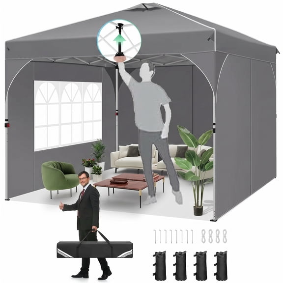 SANOPY 10x10 FT Pop Up Canopy Tent with One-Push Central Button and Air Vent, Instant Party Tent with 3 Sidewalls, Sandbags and Carry Bag for Patio, Backyard, Camping, Gray