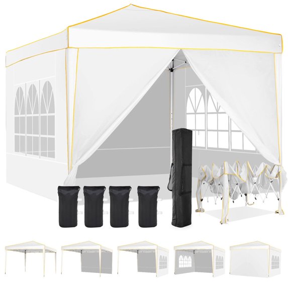 SANOPY 10' x 10' Pop up Canopy Tent, Canopy Shelter with 4 Removable Sidewalls and Sandbags, Outdoor Party Tent with Carry Bag for Backyard, Sliver White